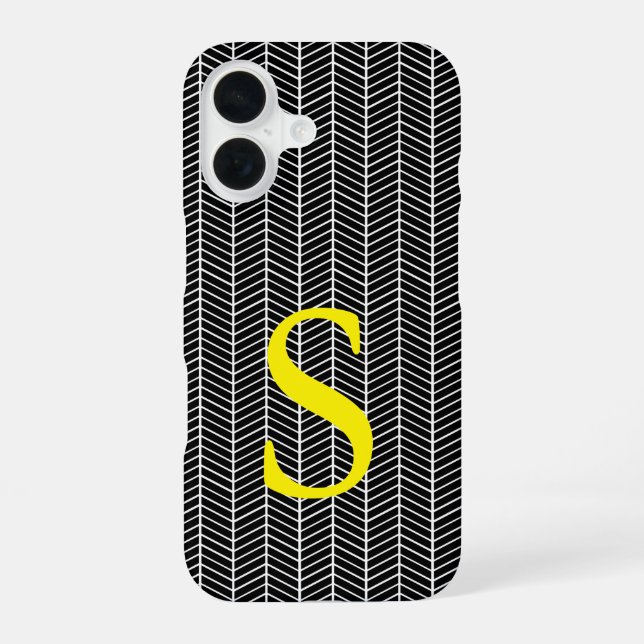 Chic Black Herringbone Zickzack Zig Zag Monogram iPhone 16 Hülle (Rückseite)