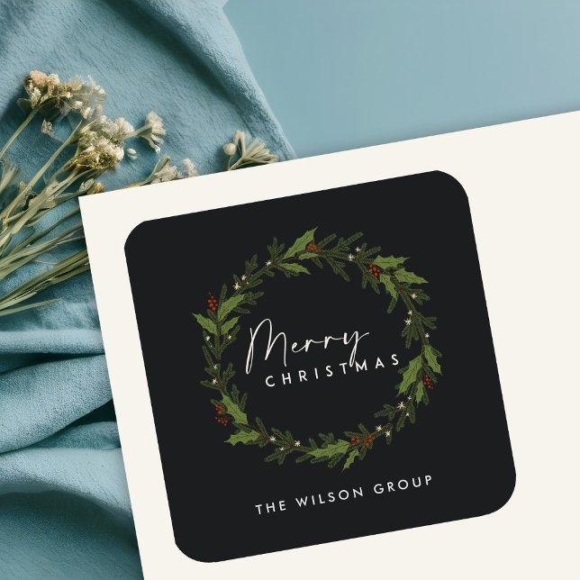 CHIC BLACK HOLLY BERRY WREATH CHRISTMAS QUADRATISCHER AUFKLEBER (Von Creator hochgeladen)