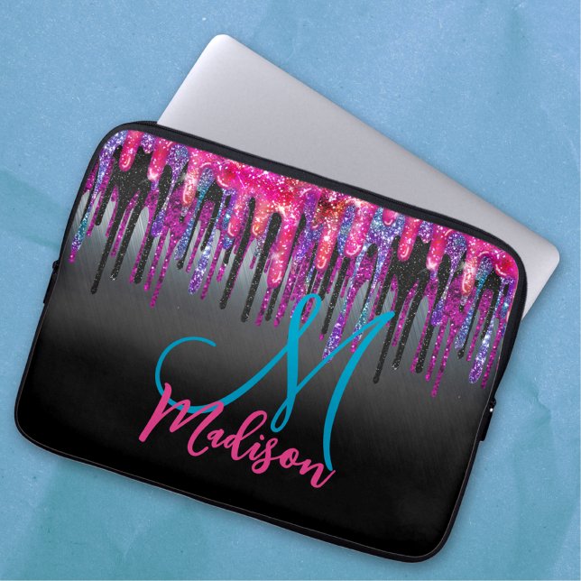 Chic Black Hot Pink Blue Tropfens Monogram Laptopschutzhülle (Von Creator hochgeladen)