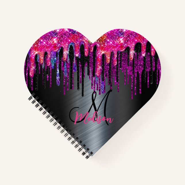 Chic Black Hot Pink Blue Tropfens Monogram Notizbuch (Vorderseite)
