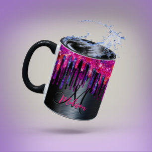 Chic Black Hot Pink Blue Tropfens Monogram Tasse