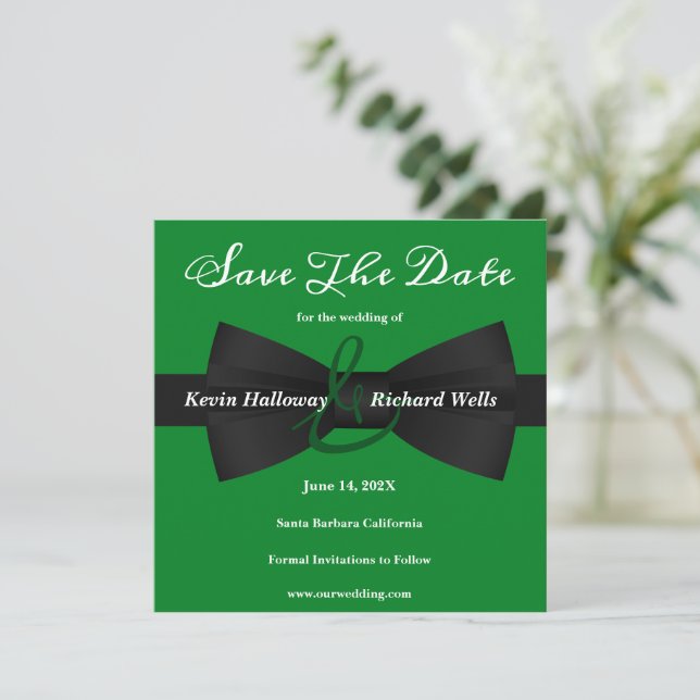Chic Black Krawatte Gay Wedding Save the Date (Stehend Vorderseite)