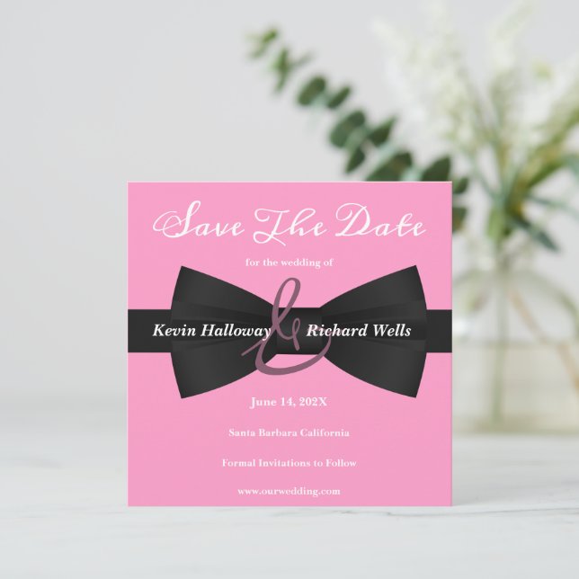 Chic Black Krawatte Gay Wedding Save the Date (Stehend Vorderseite)