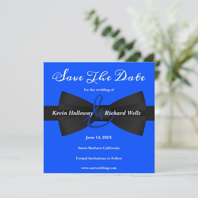 Chic Black Krawatte Gay Wedding Save the Date (Stehend Vorderseite)