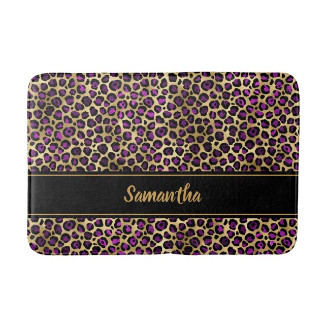 Chic Black Lila Gold Leopard Print Personalisiert Badematte (Vorderseite)