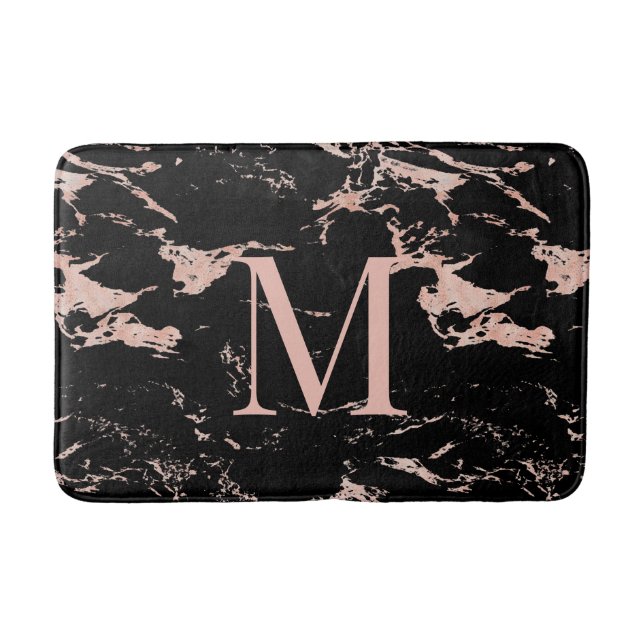 Chic Black Marble Rose Gold Foil Monogramm Badematte (Vorderseite)