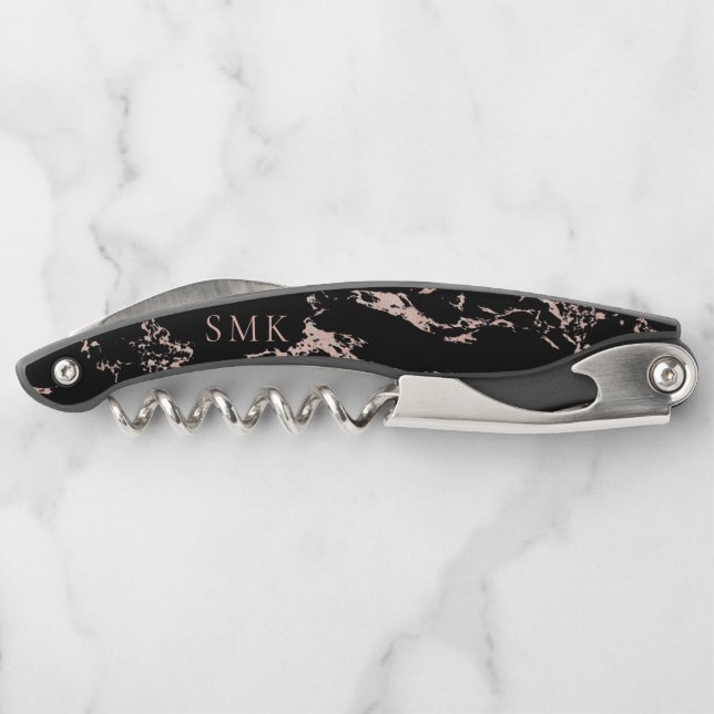 Chic Black Marble Rose Gold Foil Monogramm Kellnermesser (Rückseite)