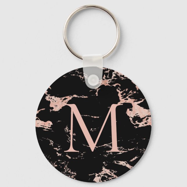Chic Black Marble Rose Gold Foil Monogramm Schlüsselanhänger (Vorderseite)