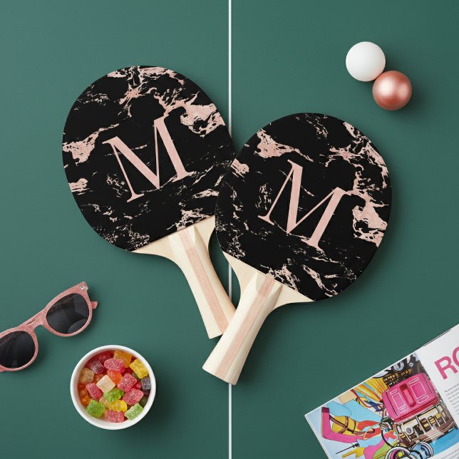 Chic Black Marble Rose Gold Foil Monogramm Tischtennis Schläger (Chic Black Marble Rose Gold Foil Monogram Ping Pong Paddle)