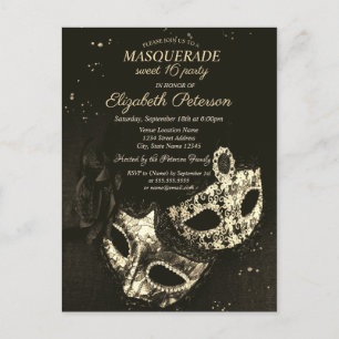 Chic Black Masquerade, Masque Sweet 16 Einladungspostkarte