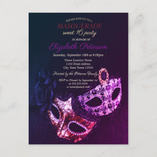 Chic Black Masquerade, Masque Sweet 16 Einladungspostkarte