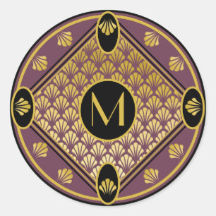 Chic Black & Mauve Art Deco Lüftermuster Monogramm Runder Aufkleber