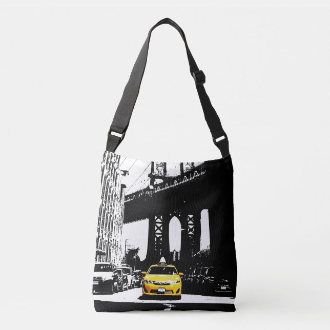 Chic Black Nyc New York City Yellow Taxi Brooklyn Tragetaschen Mit Langen Trägern (Vorderseite)