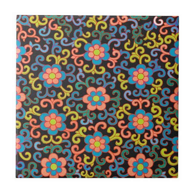 Chic Black Pattern with Colorful Floral  Fliese (Vorderseite)