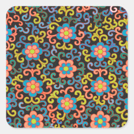 Chic Black Pattern with Colorful Floral Quadratischer Aufkleber