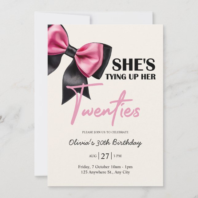 Chic Black & Pink Bow 30th Birthday Invitation Einladung (Vorderseite)