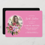 Chic Black Pink Floral Themed Foto Sweet 16 Einladung<br><div class="desc">Ihre süße 16-Einladung mit einem besonderen Design, wie diese Gelegenheit ist, fügen Sie Ihr individuelles Foto, das in einer kreisförmigen Form automatisch mit schönen Aquarellfarben-Blume Kranz vor rosa Hintergrund und schlicht schwarz in der Rückseite neben beruflichen Typografie-Einladung Text maskiert werden. Sie können Design weiter bearbeiten, wenn Sie weitere Hilfe benötigen,...</div>