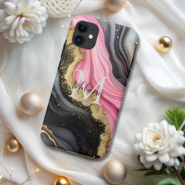 Chic Black Pink Gold Glitzer Marmor Monogram Case-Mate iPhone Hülle (Von Creator hochgeladen)