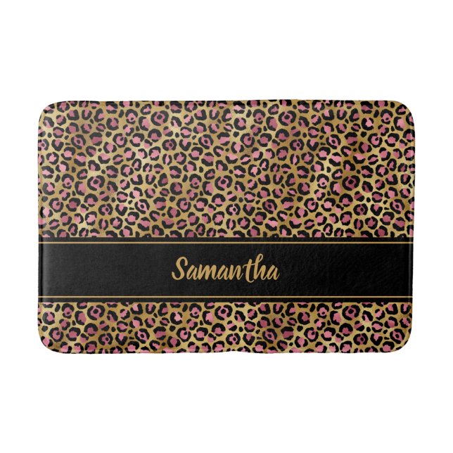 Chic Black Pink Gold Leopard Print Personalisiert Badematte (Vorderseite)