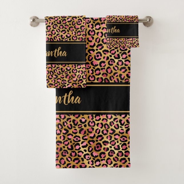 Chic Black Pink Gold Leopard Print Personalisiert Badhandtuch Set (Insitu)