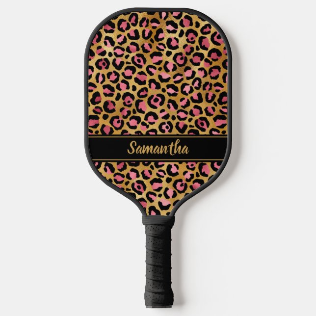Chic Black Pink Gold Leopard Print Personalisiert Pickleball Schläger (Vorderseite)
