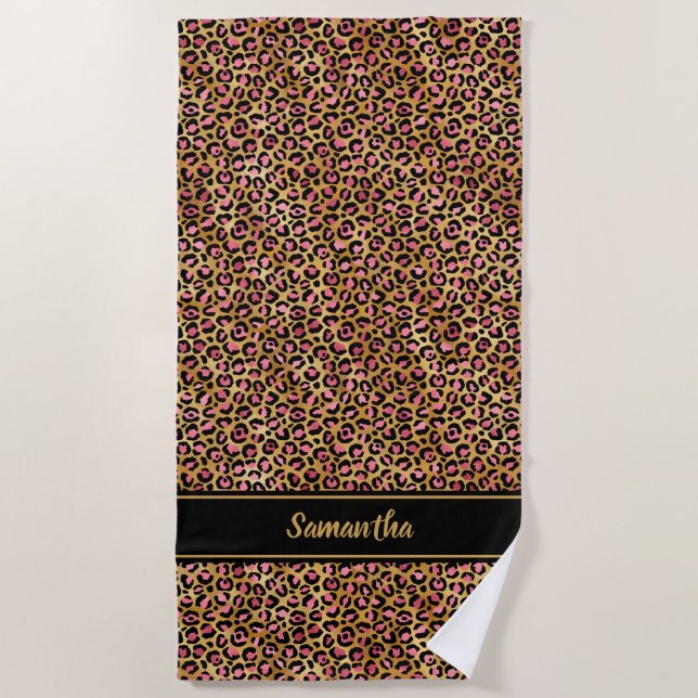 Chic Black Pink Gold Leopard Print Personalisiert Strandtuch (Vorderseite)