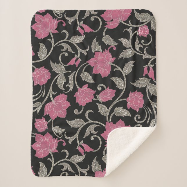 Chic Black Pink Grün Glitzer Blumenbild Sherpadecke (Vorderseite)