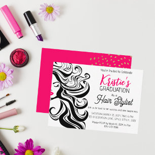 Chic Black Pink Hair Stylist Graduation Party Nied Mitteilungskarte