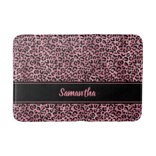 Chic Black Pink Leopard Print Personalisiert Badematte