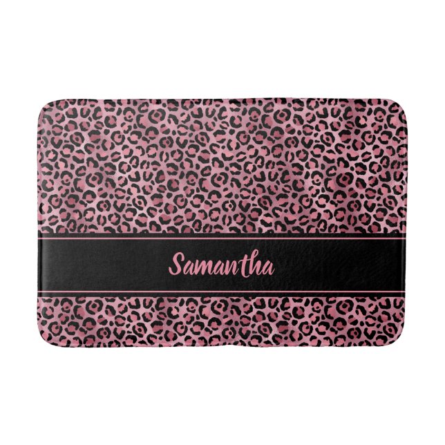 Chic Black Pink Leopard Print Personalisiert Badematte (Vorderseite)