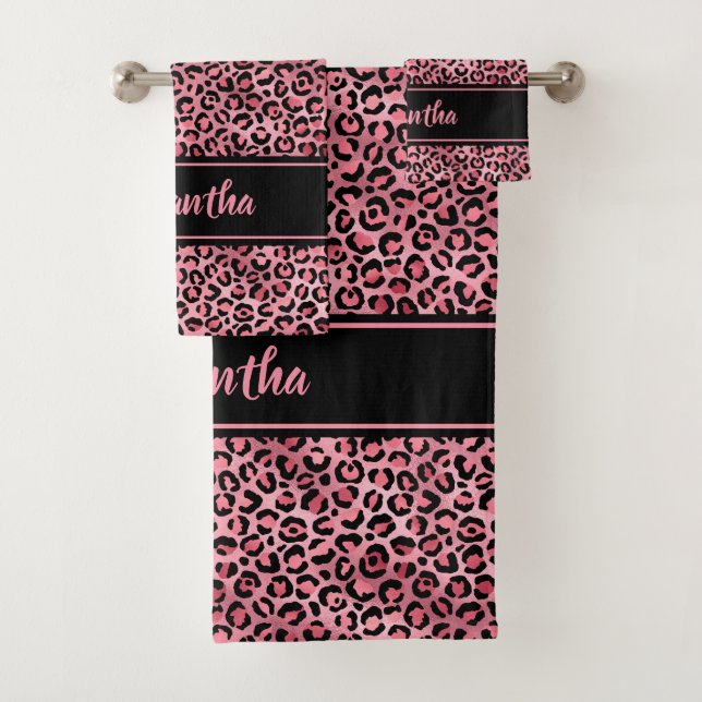 Chic Black Pink Leopard Print Personalisiert Badhandtuch Set (Insitu)