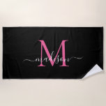 Chic Black Pink Monogram Feminine Girl Script Strandtuch<br><div class="desc">Elegante moderne Black Magenta Hot Pink Monogram Feminine Girly Script Beach Handtuch</div>