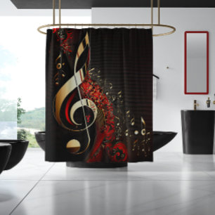 Chic Black Red and Gold Clef Note Duschvorhang