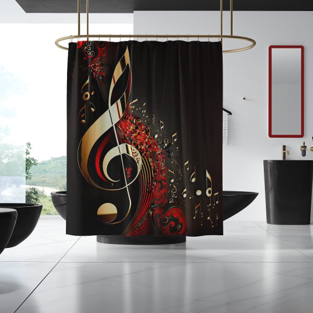 Chic Black Red and Gold Clef Note Duschvorhang (Von Creator hochgeladen)