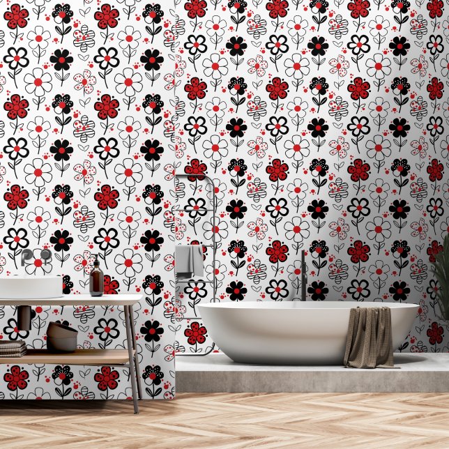 Chic Black Red Blume Tapete (Badezimmer)