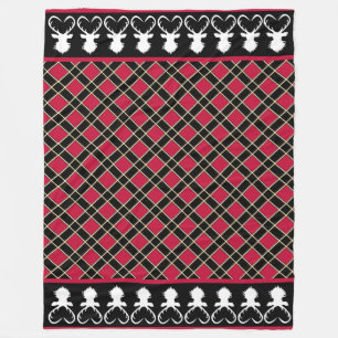 Chic Black Red Checkered & Rentier Silhouetten Fleecedecke