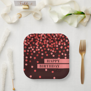 Chic Black Red Confetti Happy Birthday Pappteller
