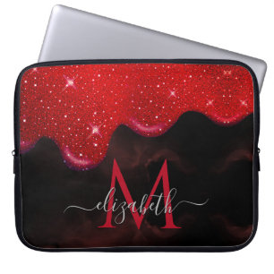 Chic Black Red Drippings Glitzer Marmormonogramm Laptopschutzhülle