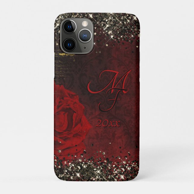 Chic Black Red Gold Glitzer Blume Monogramm Nogram Case-Mate iPhone Hülle (Rückseite)