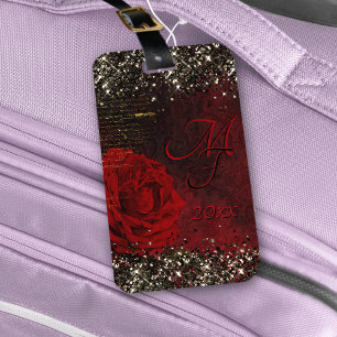 Chic Black Red Gold Glitzer Blume Monogramm Nogram Gepäckanhänger