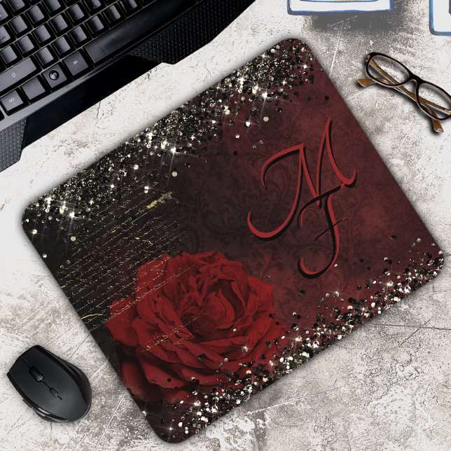 Chic Black Red Gold Glitzer Blume Monogramm Nogram Mousepad (Von Creator hochgeladen)