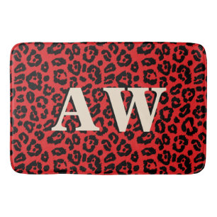 Chic Black Red Leopard Print Monogram Badematte