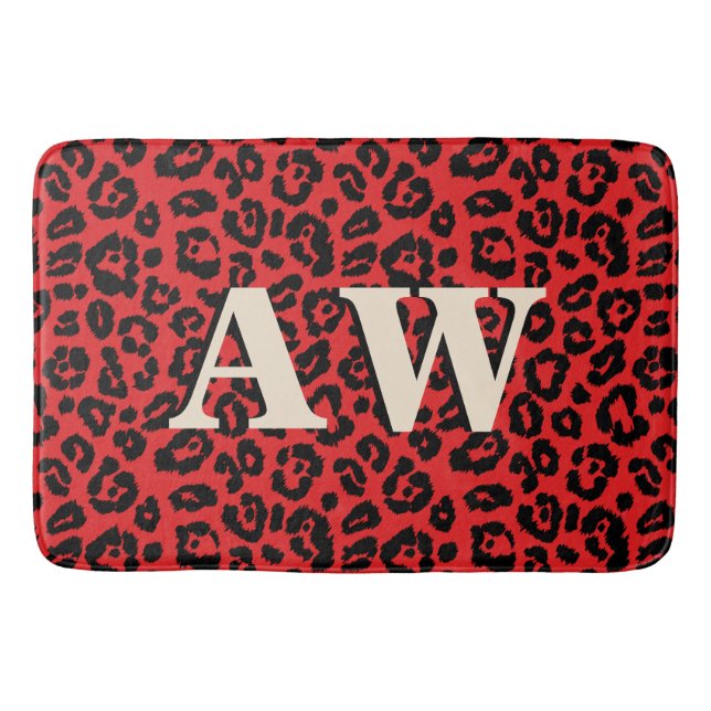 Chic Black Red Leopard Print Monogram Badematte (Vorderseite)