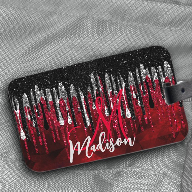 Chic Black Red Silver Glitzer Tropfen Monogramm Gepäckanhänger (Von Creator hochgeladen)