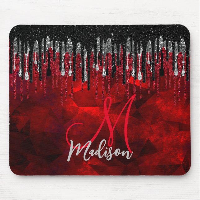 Chic Black Red Silver Glitzer Tropfen Monogramm Mousepad (Vorne)