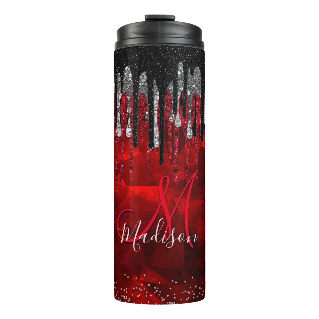 Chic Black Red Silver Glitzer Tropfen Monogramm Thermosbecher (Vorderseite)