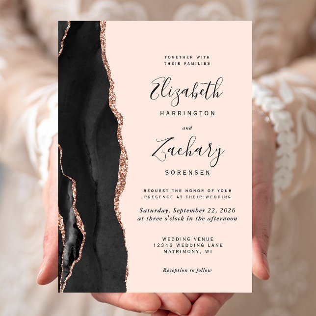 Chic Black Rose Gold Agate Blush Wedding Einladung (Von Creator hochgeladen)