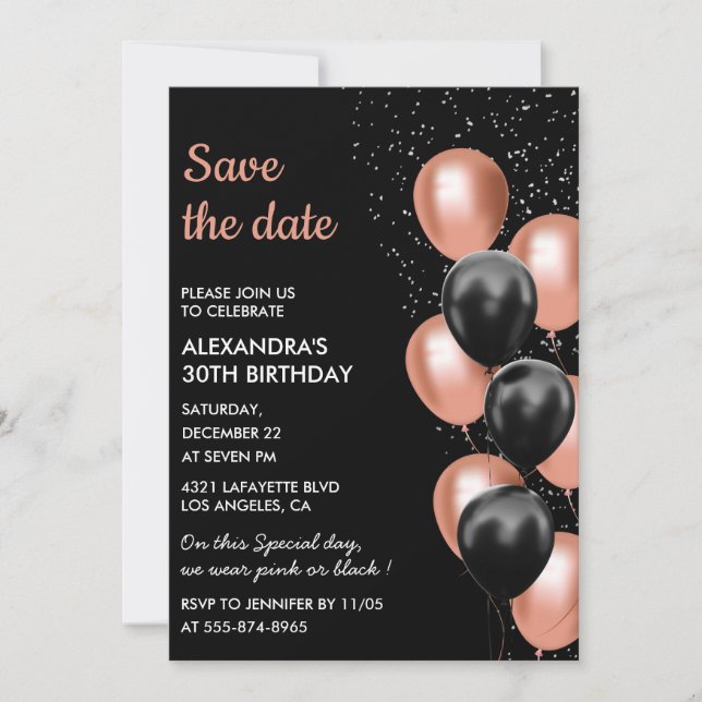 Chic Black Rose Gold Ballon 30. Save the Date Einladung (Vorderseite)