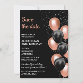 Chic Black Rose Gold Ballon 30. Save the Date Einladung