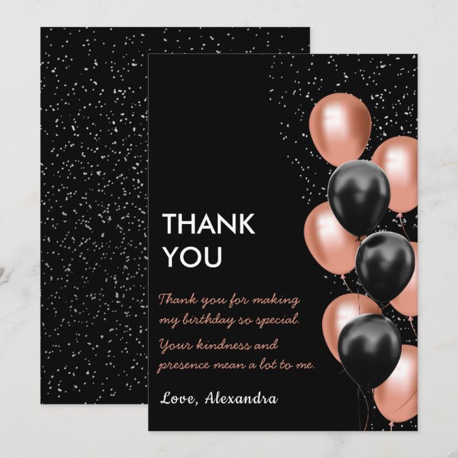 Chic Black Rose Gold Ballon Dankeskarte (Vorne/Hinten)